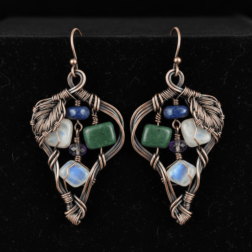 Pair of unique handmade wire wrapped earrings with gemstones close up