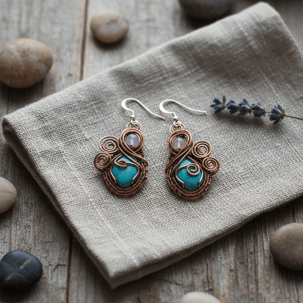 Handcrafted wire-wrapped earrings displayed on natural linen cloth