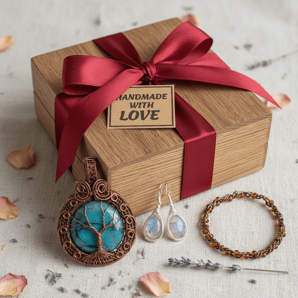 Handcrafted wire wrapped jewelry gift box with ribbon