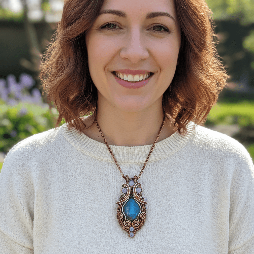 Woman wearing handmade wire wrapped pendant necklace smiling