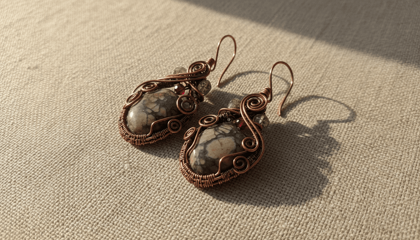 Handcrafted wire-wrapped earrings with earthy gemstones, one-of-a-kind handmade jewelry