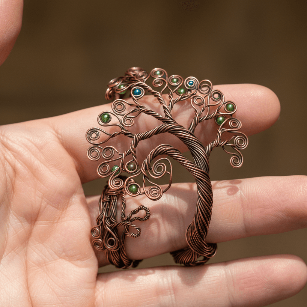 Close-up of hand twisted copper wire earring with smooth finish