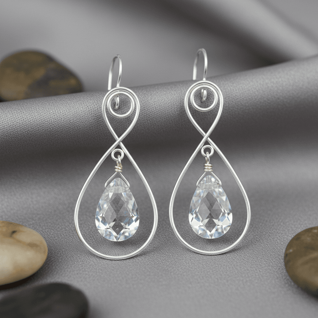 Unique silver wire earring with teardrop crystal, made to be yours