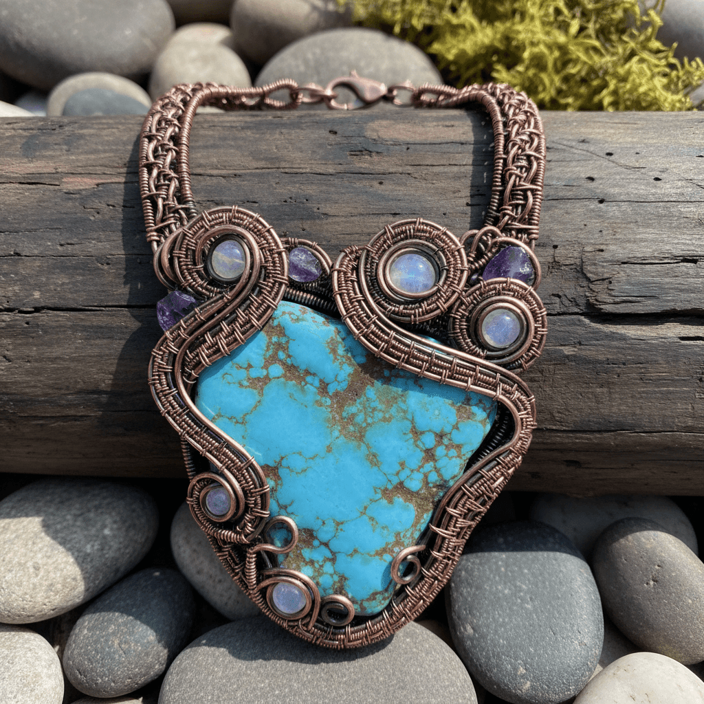 Statement necklace with a large natural stone and wire wrapping