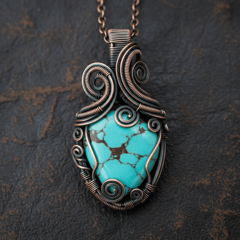 Hand-wrapped copper wire pendant with a turquoise stone