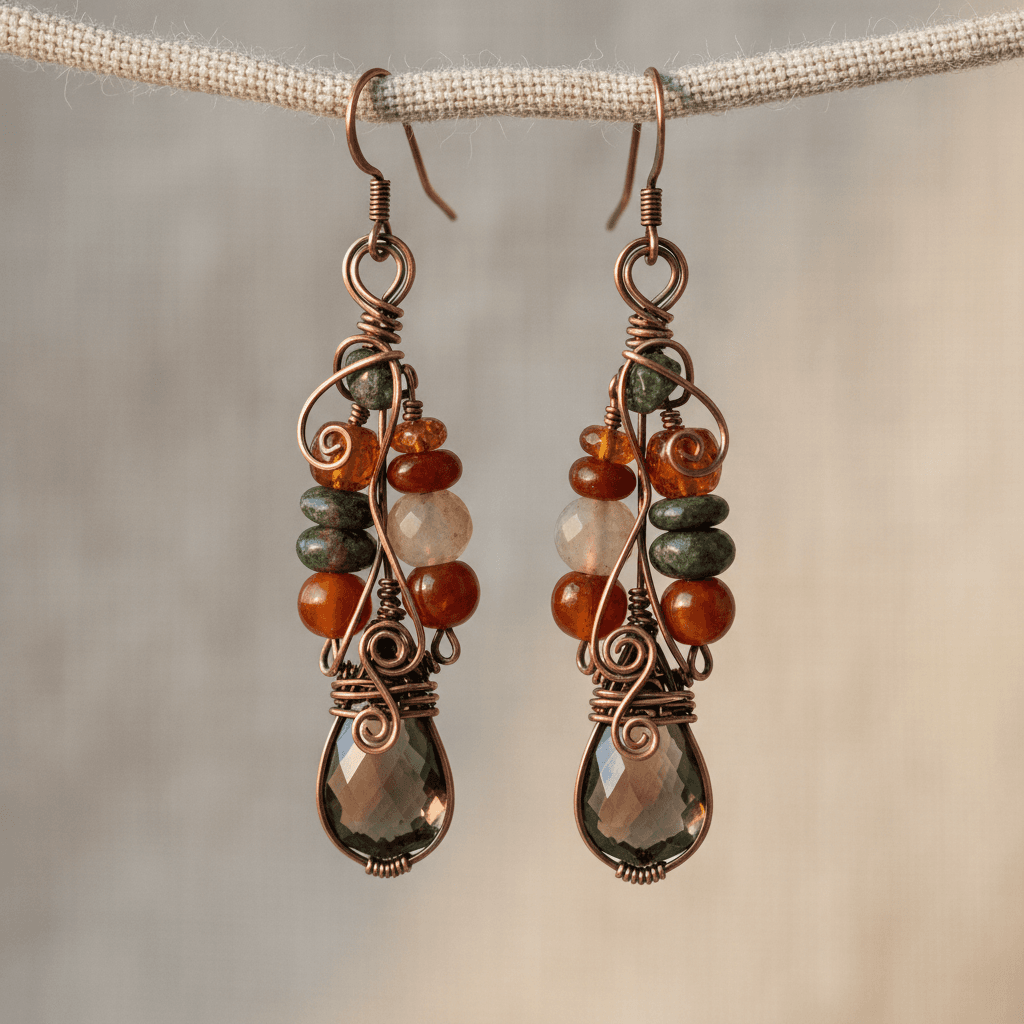 Handcrafted wire-wrapped drop earring with earthy stone and copper wire