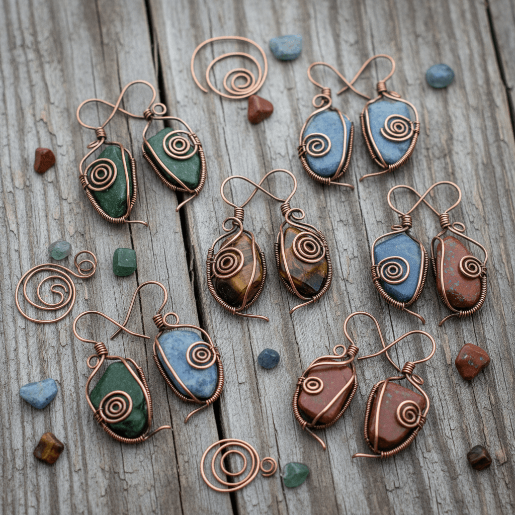 Earthy gemstone earrings with copper wire on rustic wood surface