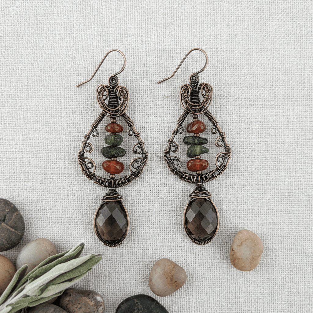 Handcrafted wire-wrapped drop earrings with warm earthy gemstones
