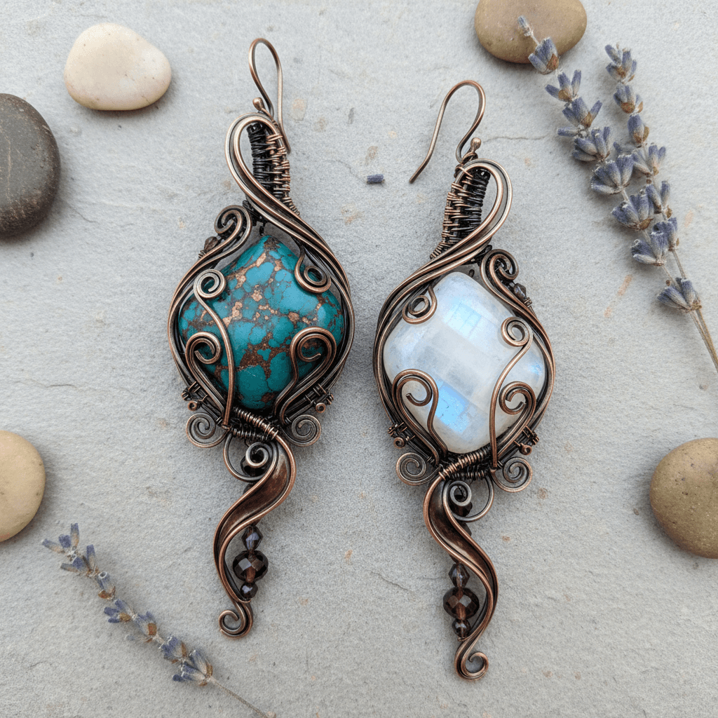 Statement wire-wrapped earring hand-shaped with a natural stone