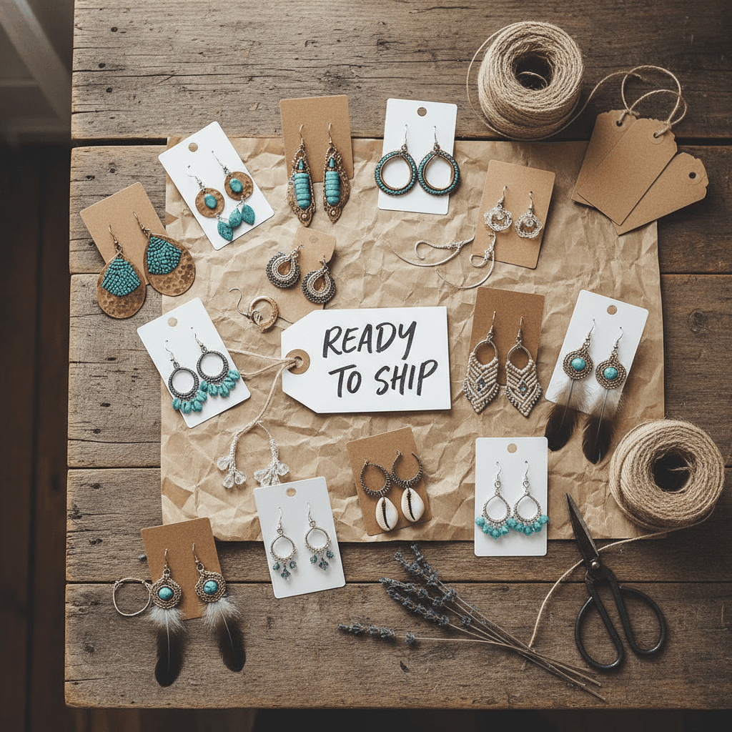 Assorted handmade earrings displayed together on rustic table