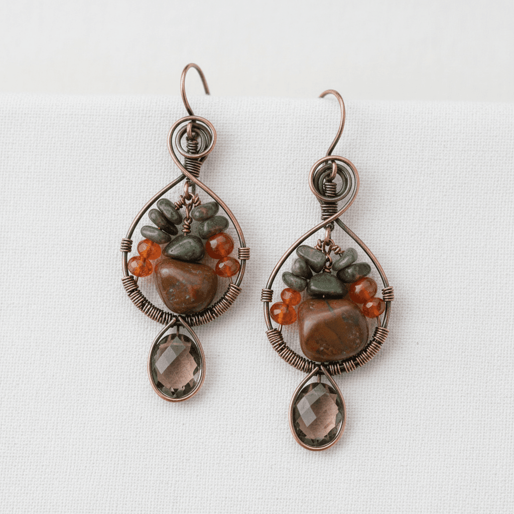 Pair of wire-wrapped drop earrings with earthy gemstones