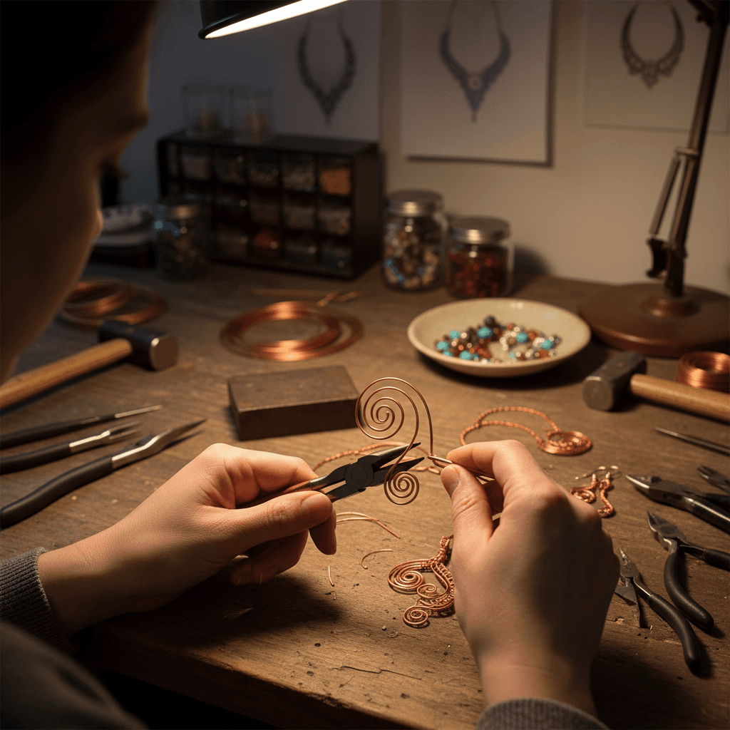 Hands shaping copper wire jewelry at a workbench with pliers