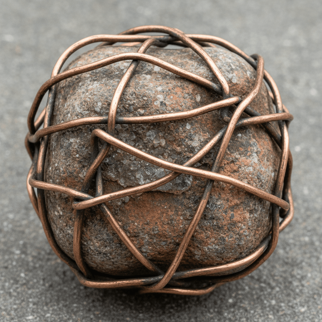 Close up of thick copper wire wrapped around natural stone