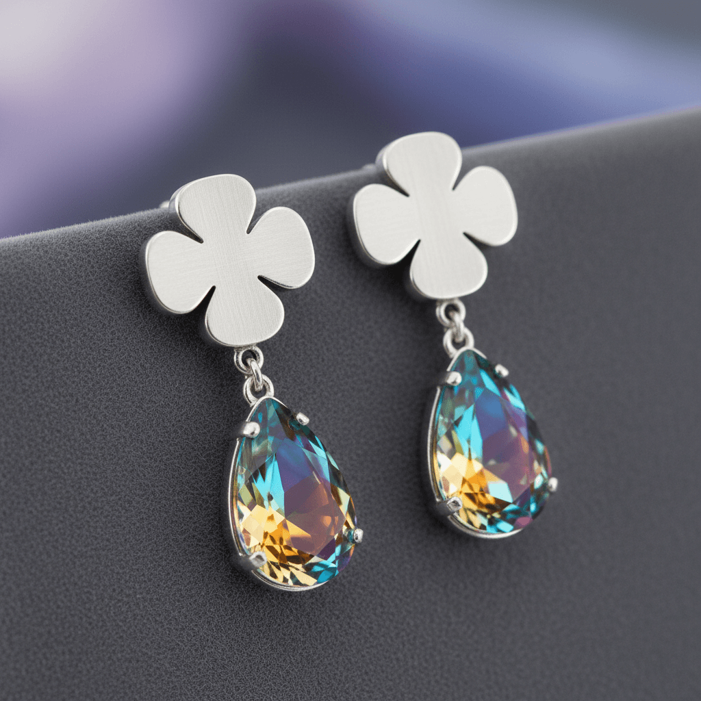 Hand-wrapped silver clover earring with teardrop colorful crystal