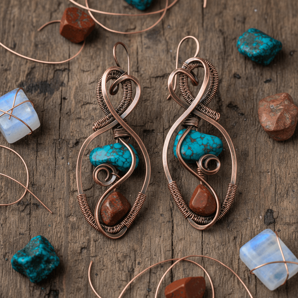 Bold statement earrings with twisted copper wire and natural stones