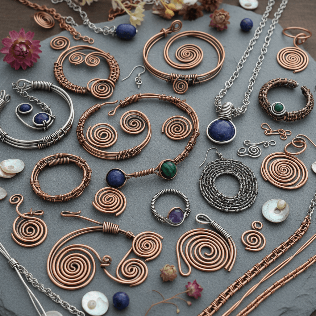 Collection of handcrafted wire jewelry with copper and silver pieces