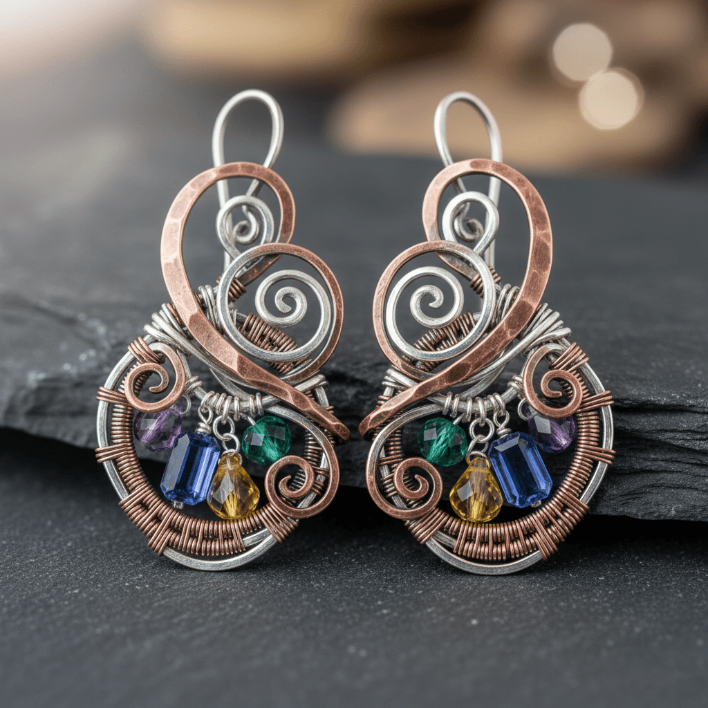 Close-up of copper and silver wire wrapped earrings with colorful crystals