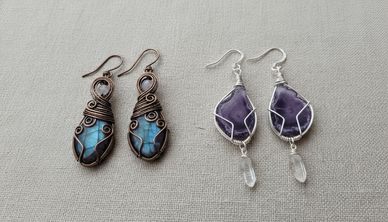 Handcrafted wire-wrapped earrings with earthy gemstones, each one-of-a-kind