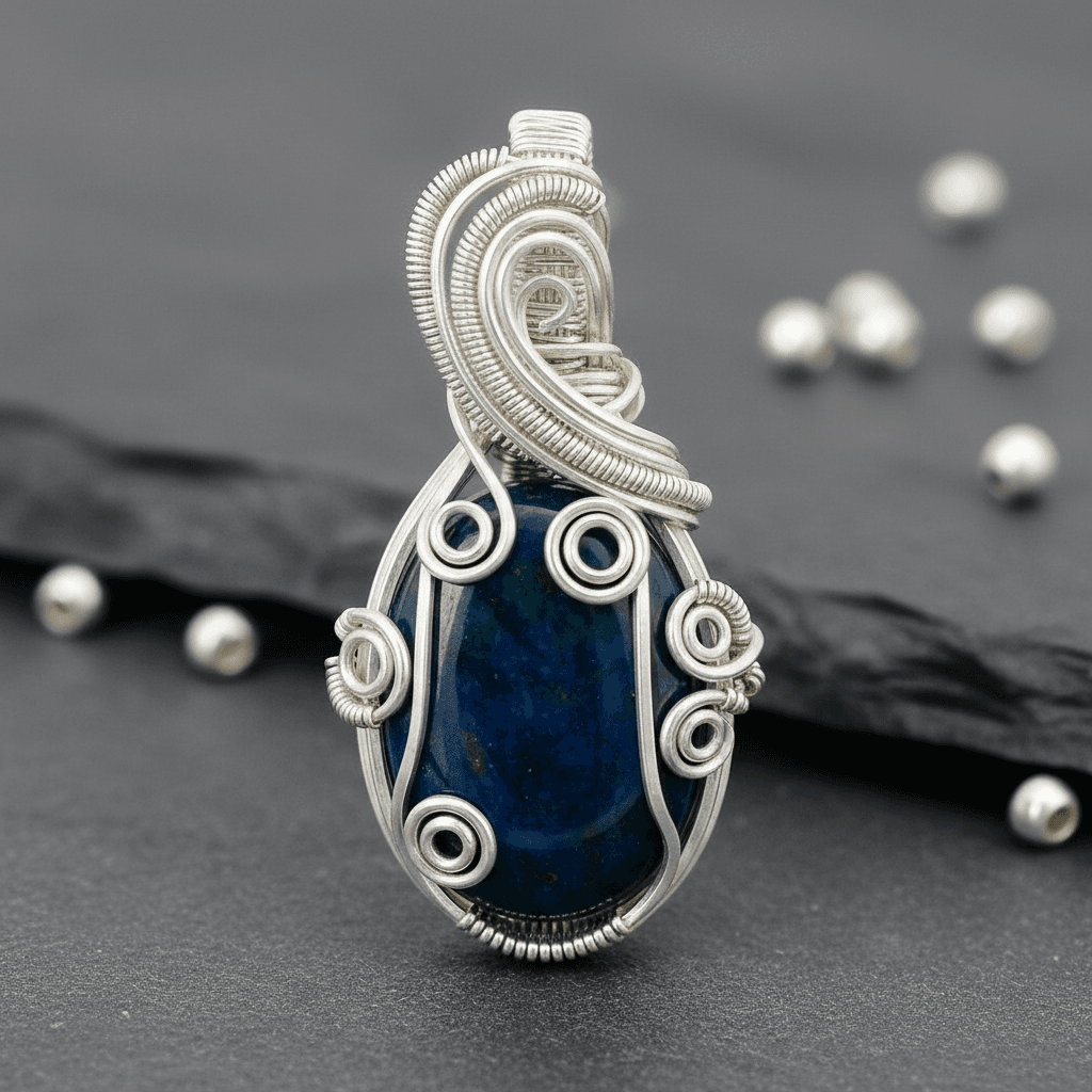 Silver wire wrapped around a single polished stone pendant