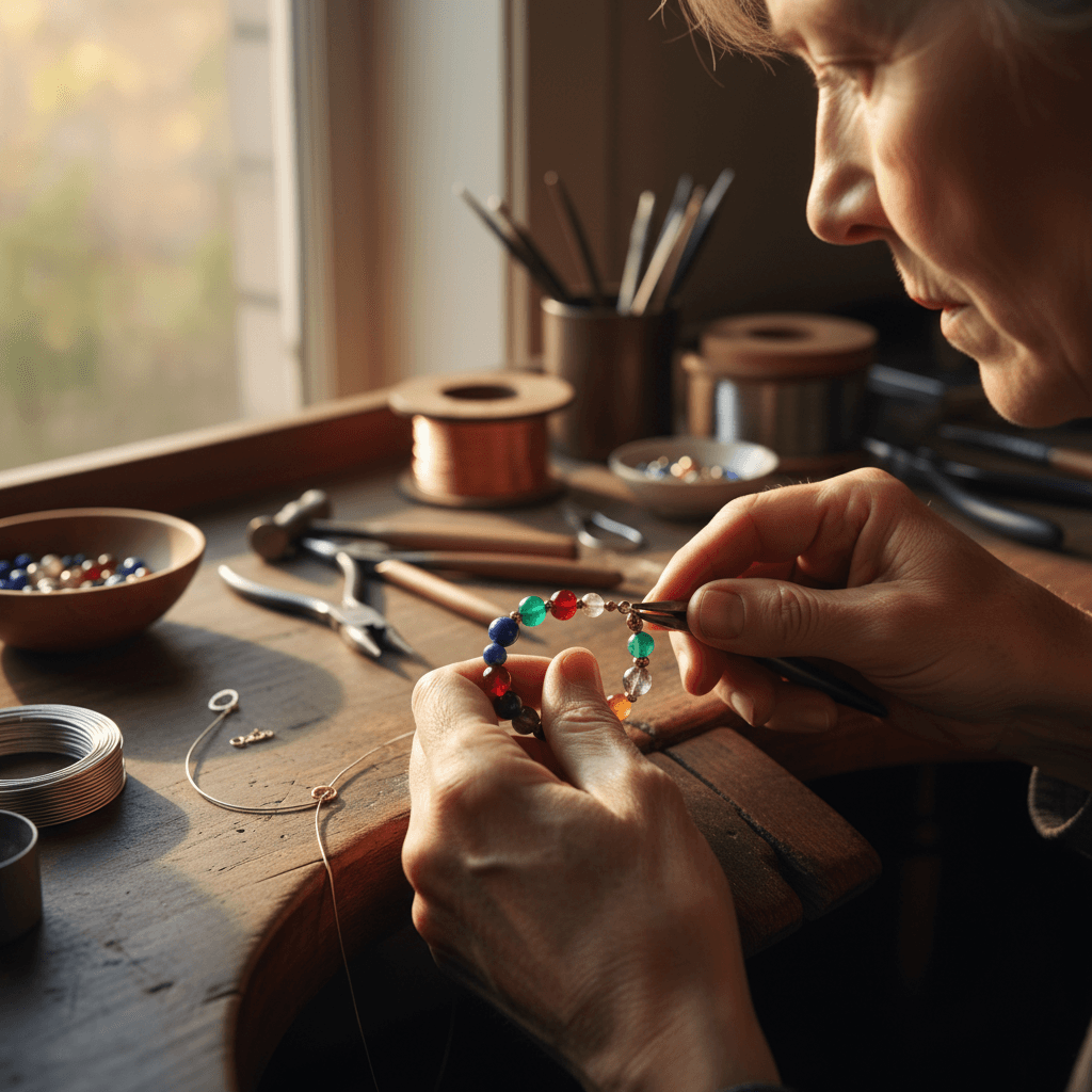Hands using jewelry pliers to shape copper wire on a workbench with gemstones