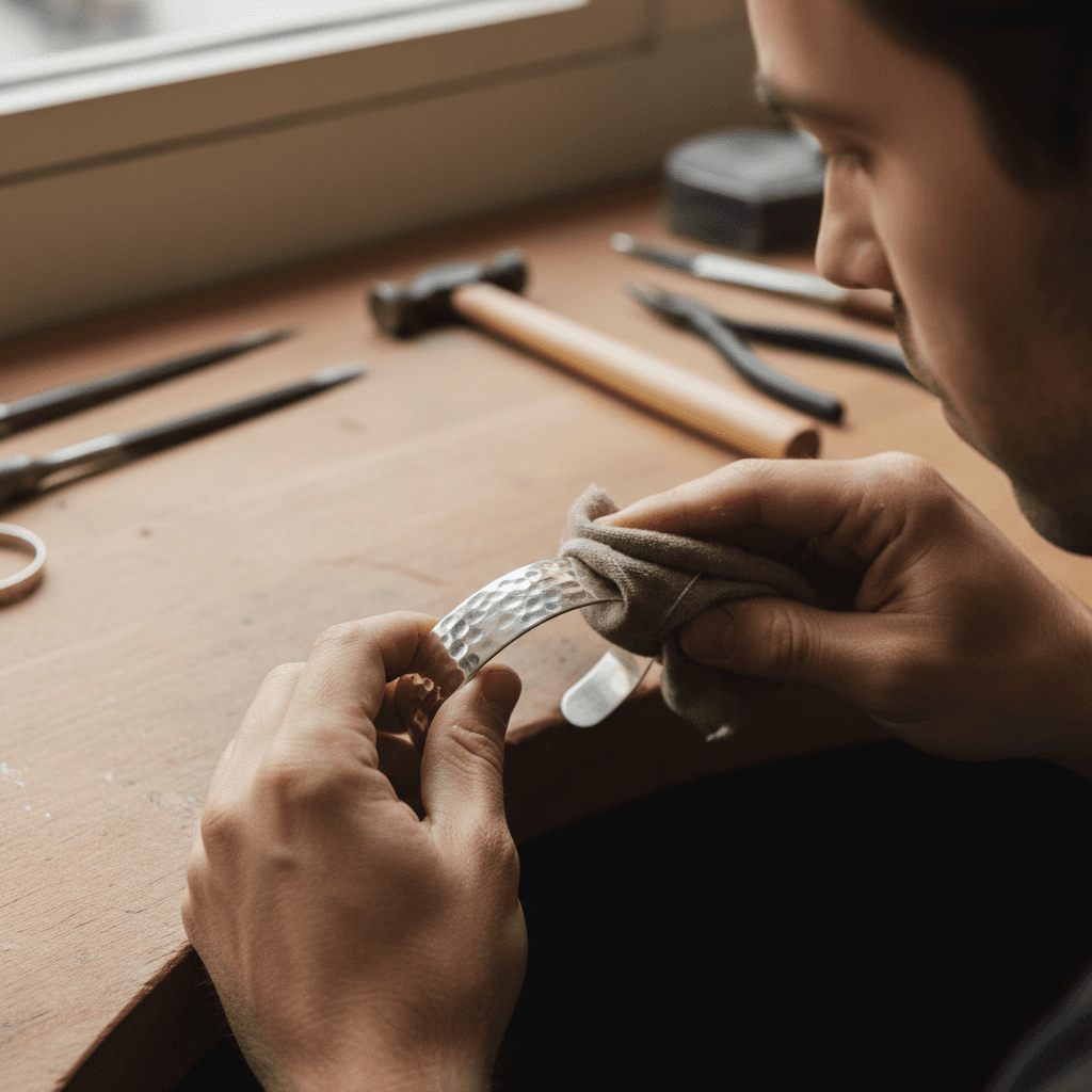Hands wrapping copper wire around a gemstone