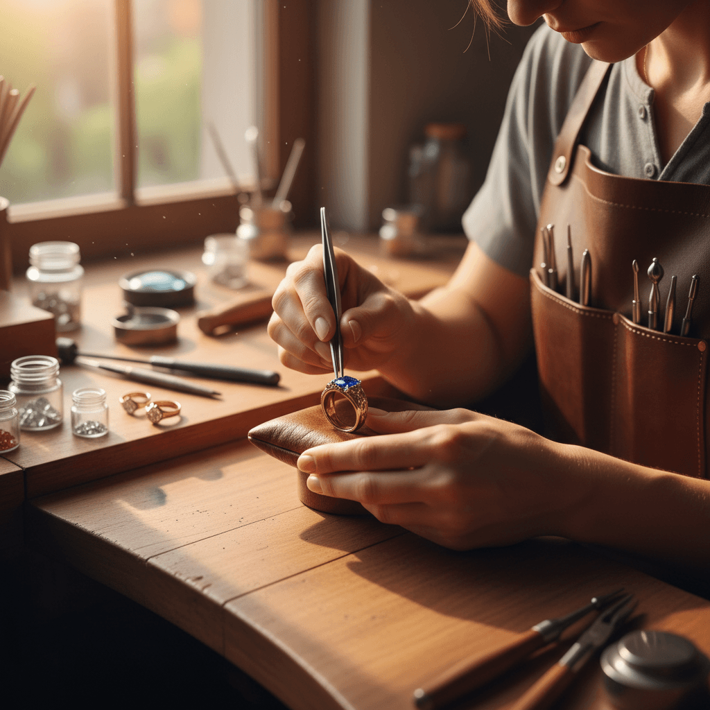 Jeweler's workbench with handcrafted pendants and earrings