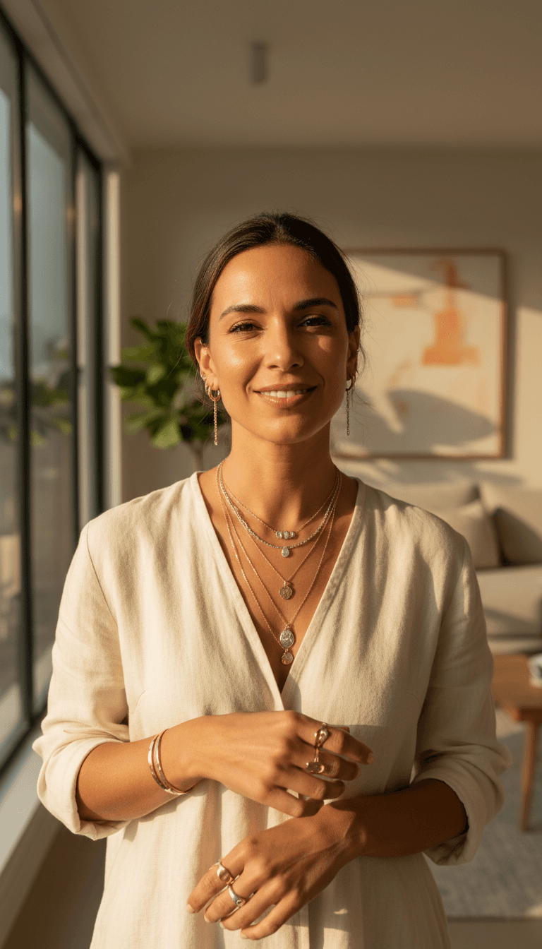 Woman trying on handmade wire-wrapped earrings in natural light
