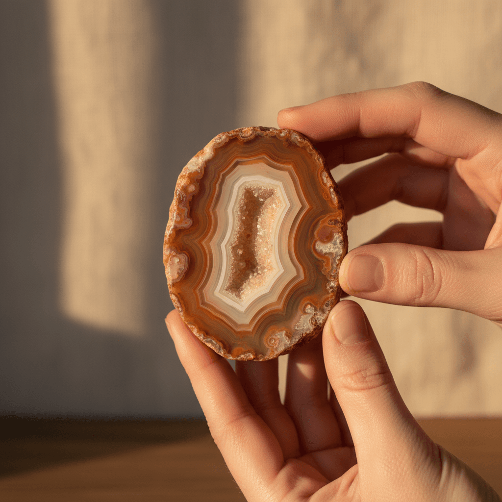 Hand holding a raw brown gemstone over a rustic wooden workbench with copper wire nearby