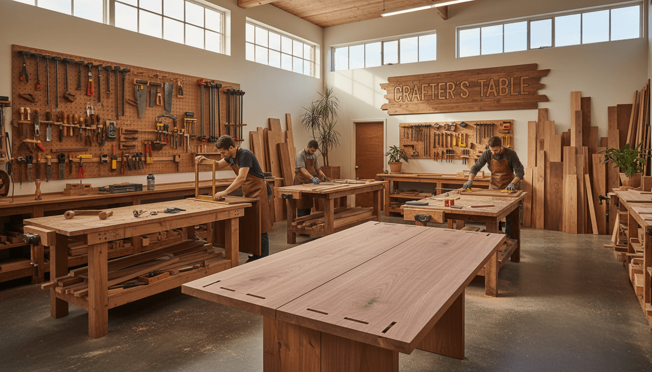 Small home workshop with workbench and tools