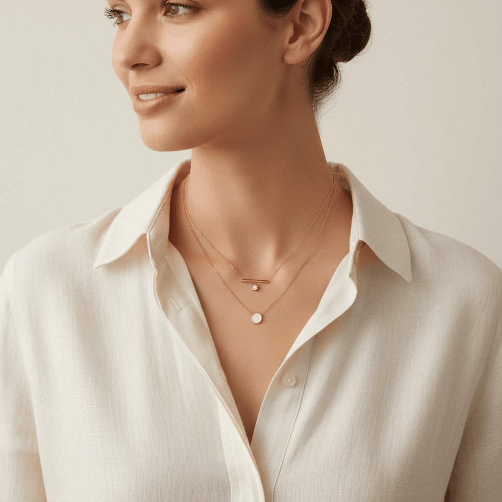 Model wearing a wire-wrapped gemstone pendant necklace