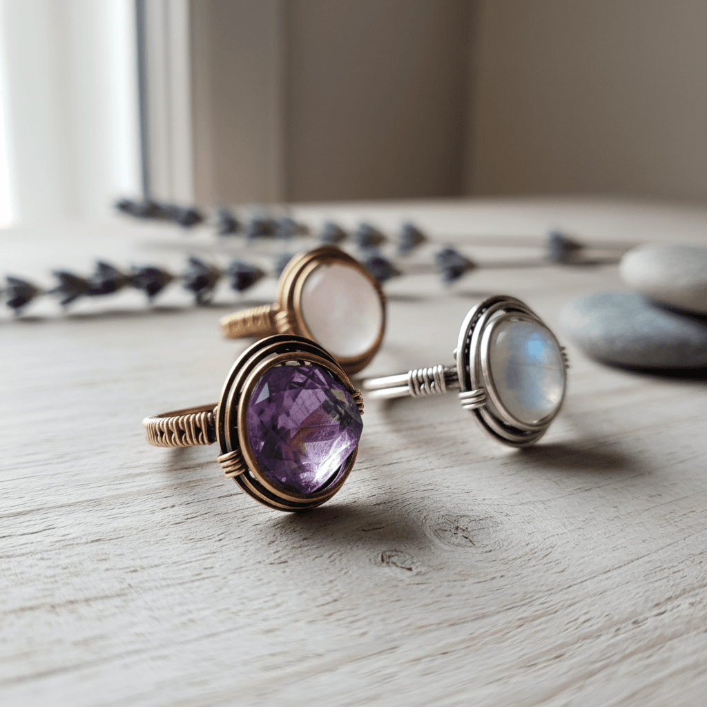 Copper wire-wrapped earrings with gemstones