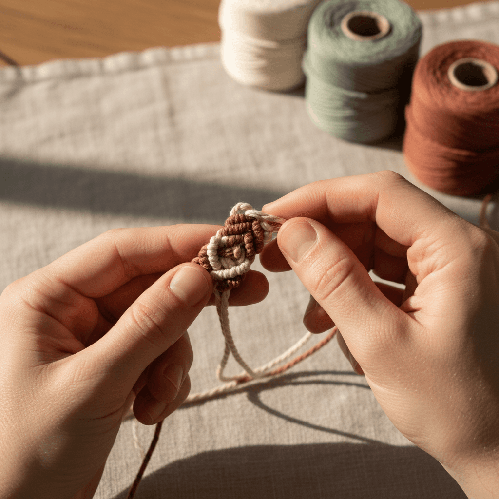 Handmade wire-wrapped pendant with a brown stone on paisley fabric
