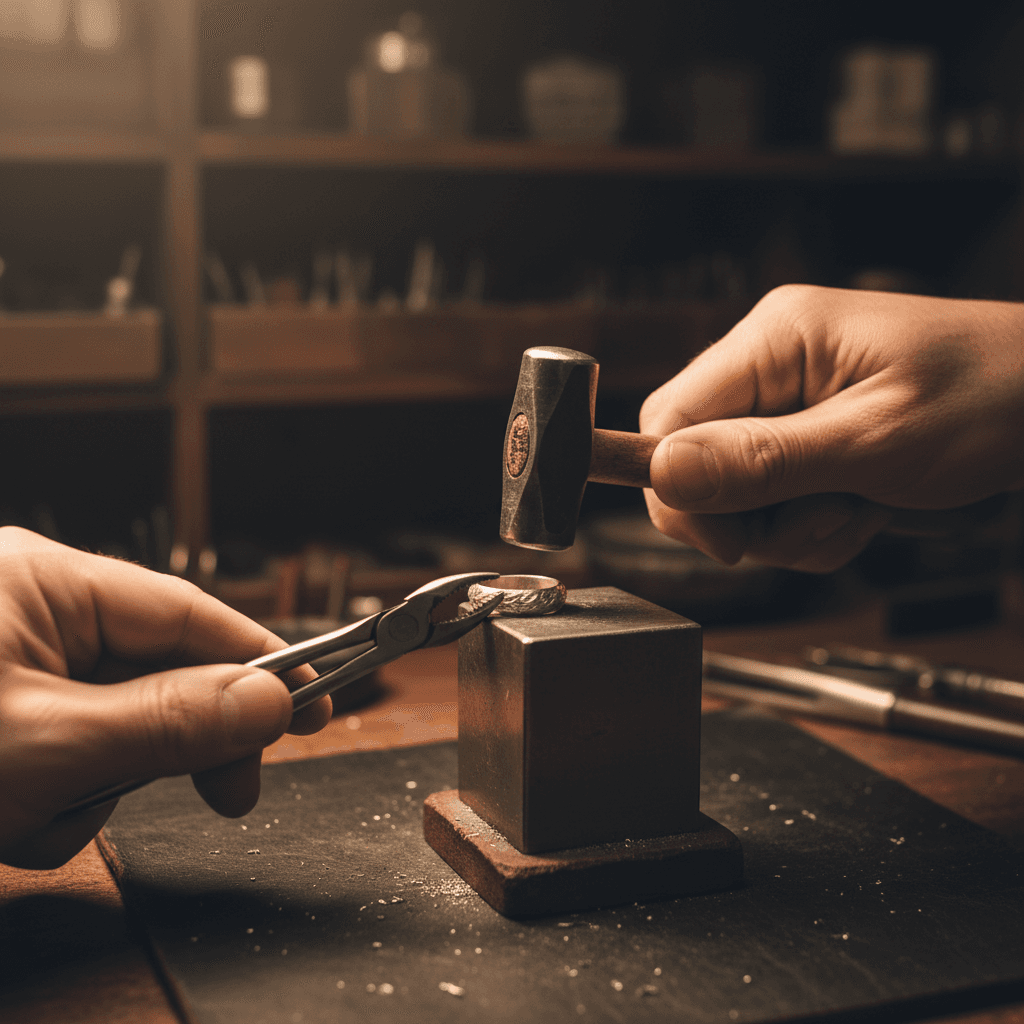Pliers twisting wire over a gemstone on a workbench