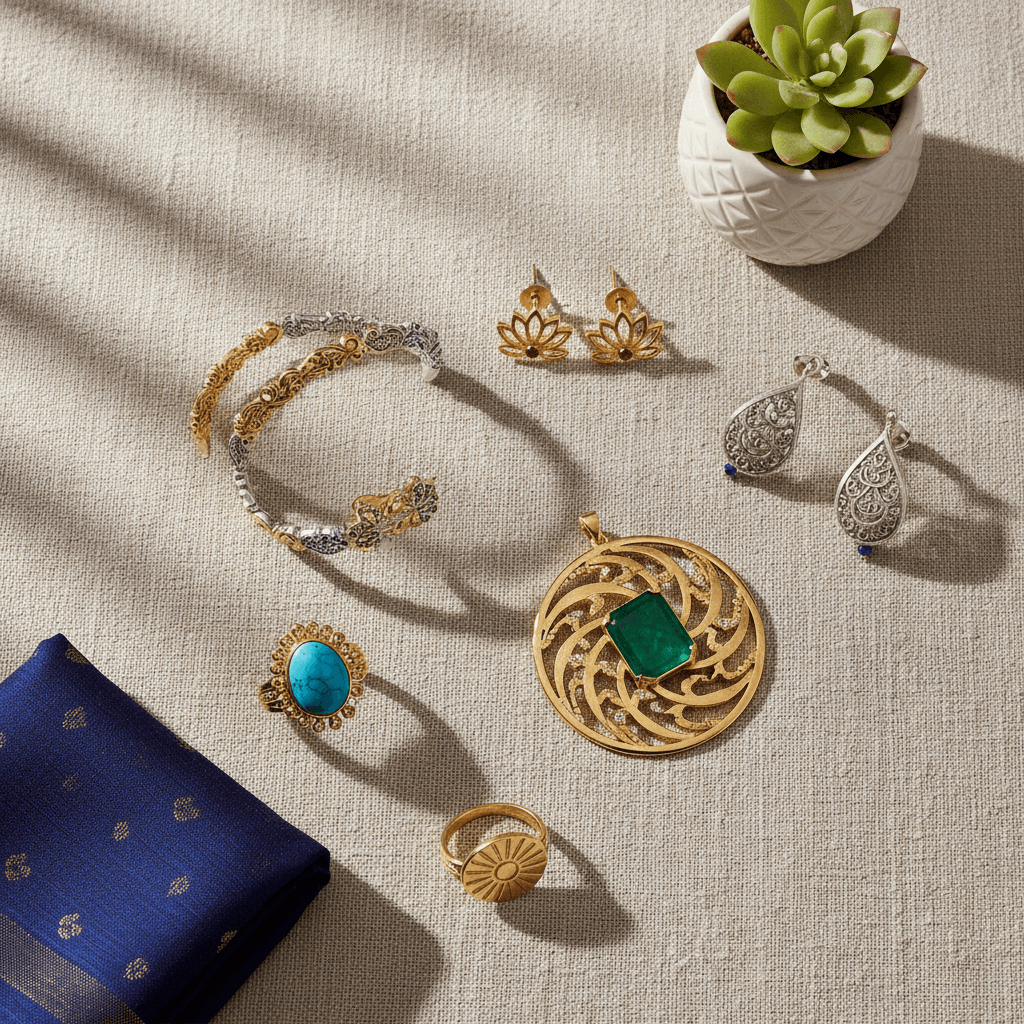 Assorted wire-wrapped pendants with various gemstones on paisley patterned fabric