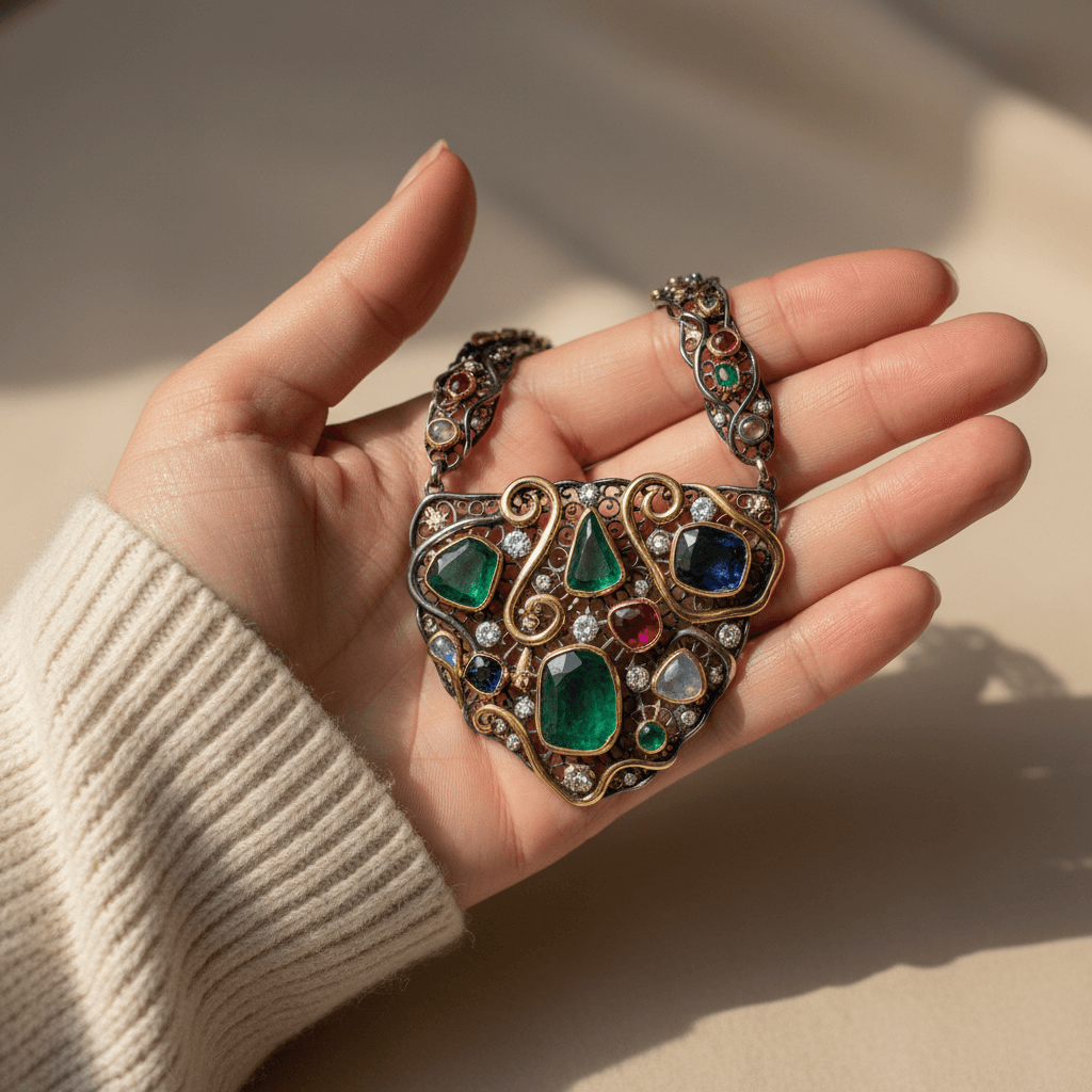Handmade necklace with yellow crystal pendant on rustic wood table