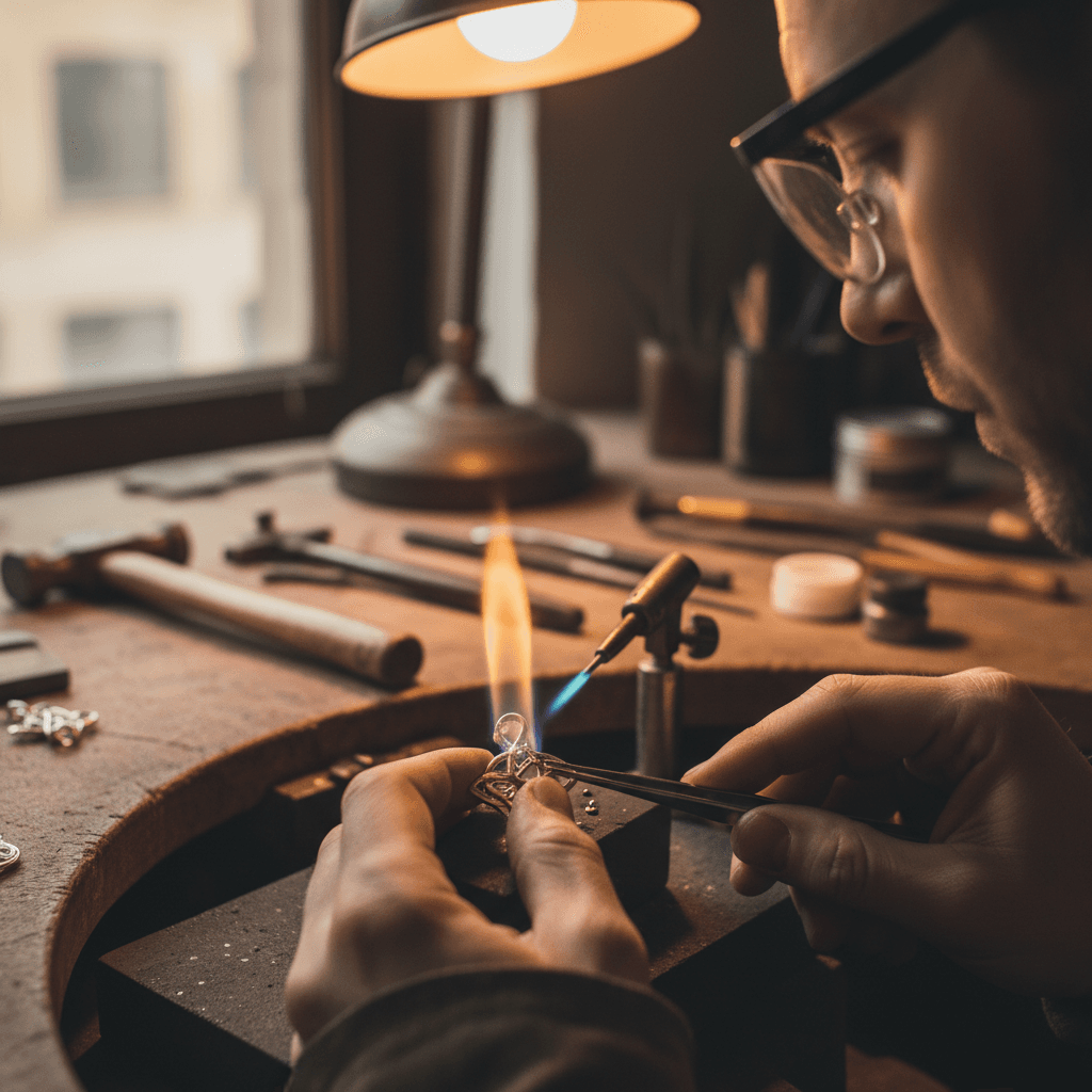 Hands wire-wrapping a gemstone pendant on a wooden workbench