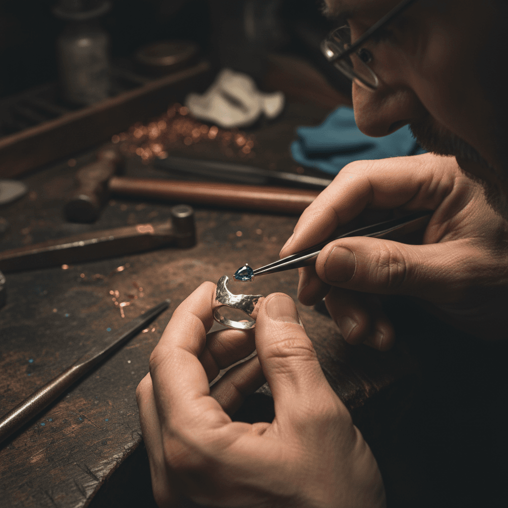 Hands shaping copper wire around a gemstone pendant