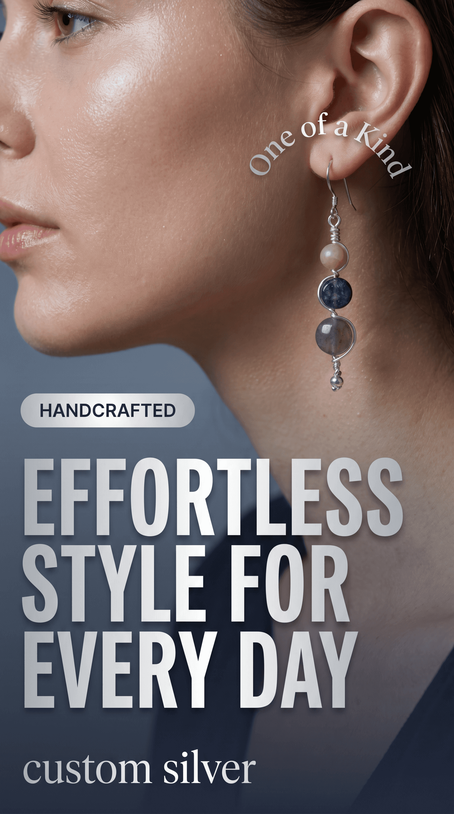 Close-up of woman wearing handcrafted silver earring with three gemstone beads and promotional text.